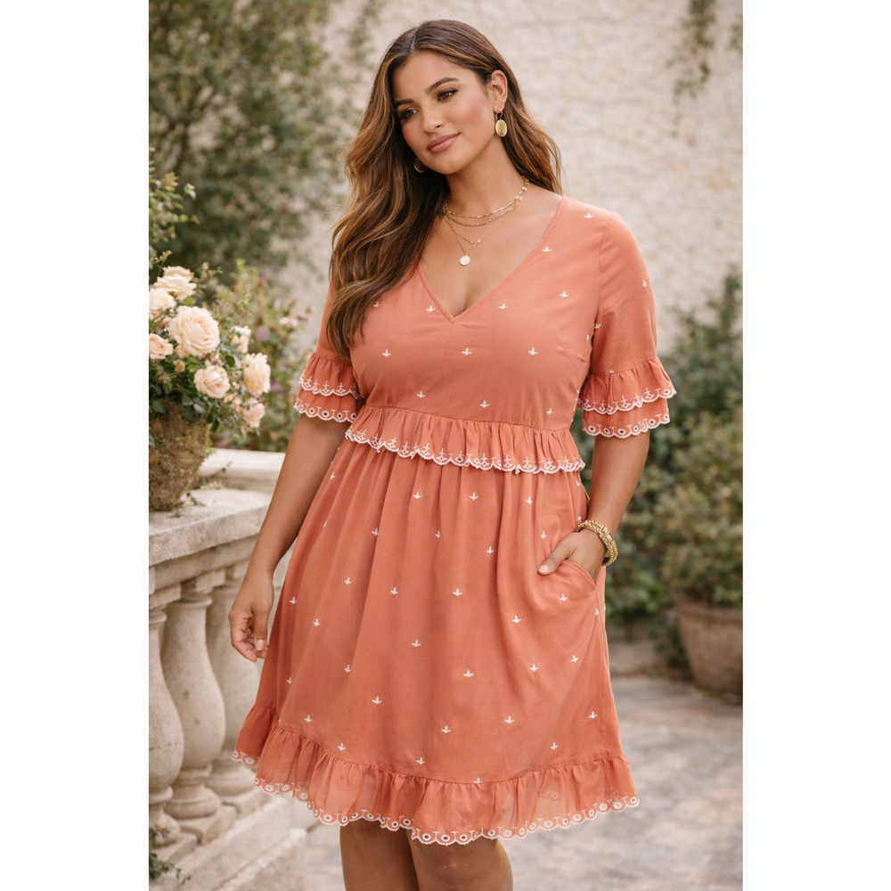 Anthropologie Womens Samia Ruffled Dress 14 Plus Embroidered Cottagecore Boho